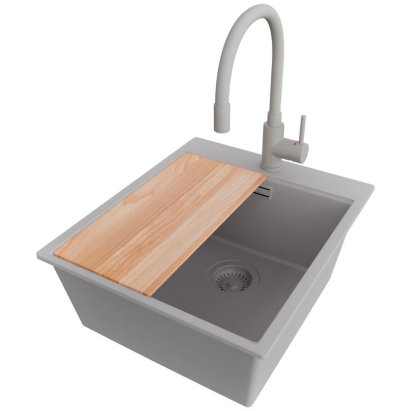 Zlewozmywak Granitowy Oslo PRIMAGRAN Nablatowy 43x50cm do szafki od 45cm, Szary + Bateria 38x14cm + Syfon + Deska, S214, 1 szt.