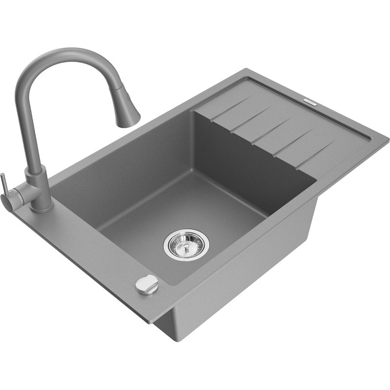 Zlewozmywak granitowy 1-komorowy Mexen Elias z ociekaczem i baterią kuchenną Flora beżowy - 6511-69-670401-07-B 1 szt.