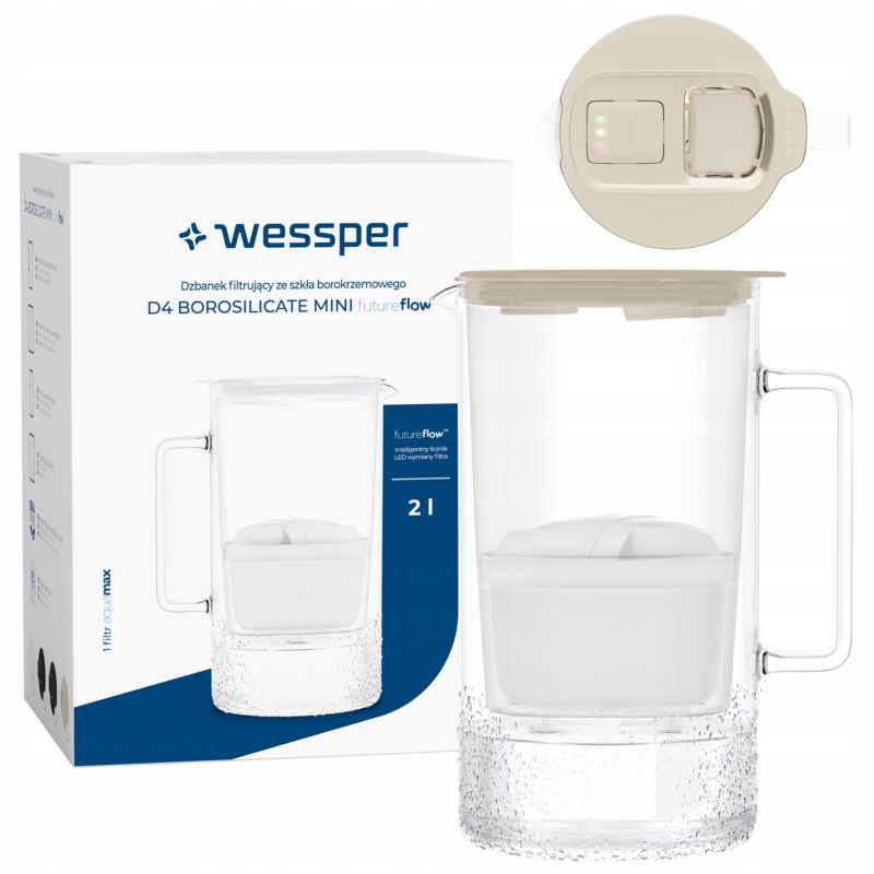Dzbanek filtrujący, Wessper D4 BOROSILICATE, szklany, z licznikiem LED, 2 l, BPA Free, zestaw z 1 filtrem wody Aquamax, beż, 2szt