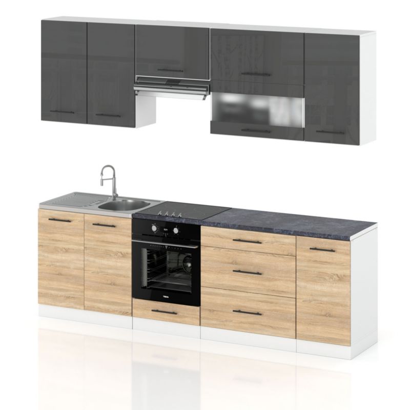 Zestaw Kuchenny Hurtownia-Mebli Z Blatem Kuchnia Marocco 260cm Biały Mat Szary Połysk/Dąb Sonoma 260x52x157 cm 1szt.