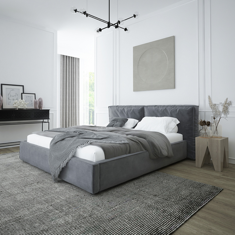 Niebieskie łóżko tapicerowane 180x200 z pojemnikiem i stelażem PALISE