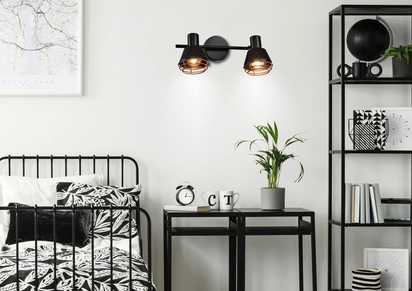 Czarna lampa ścienna sufitowa z regulacją kierunku światła NERIA miedziany klosz