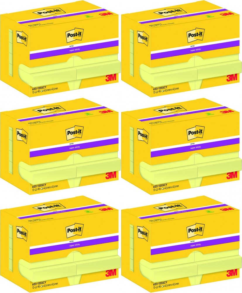 6x Karteczki samoprzylepne Post-it Super Sticky, 47.6x47.6mm, 12x90 karteczek, żółty
