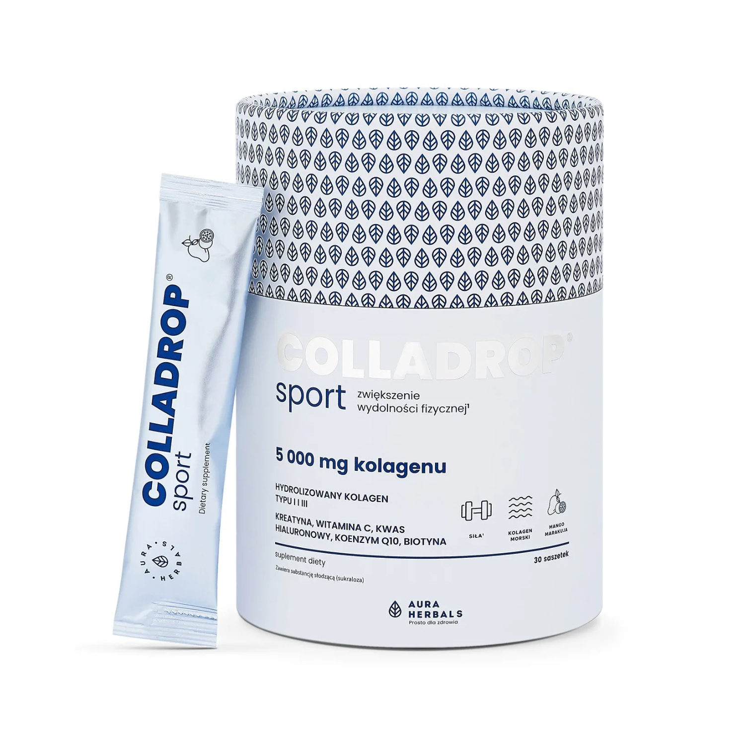 Aura herbals colladrop sport - kolagen, 5000 mg, smak mango-marakuja, 30 saszetek (data ważności: 08.04.2026)