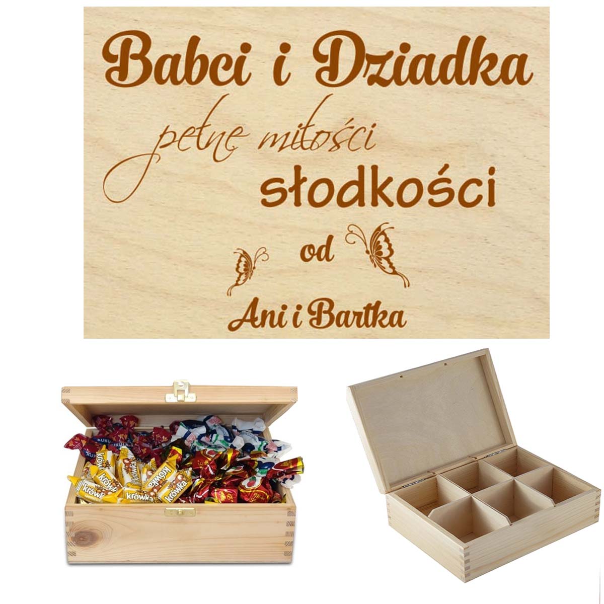 Prezent dla Babci i Dziadka drewniane pudełko na słodycze, czekoladki, cukierki, sprzęt wędkarski, niezbędnik na narzędzia, herbaciarka z grawerem Imi