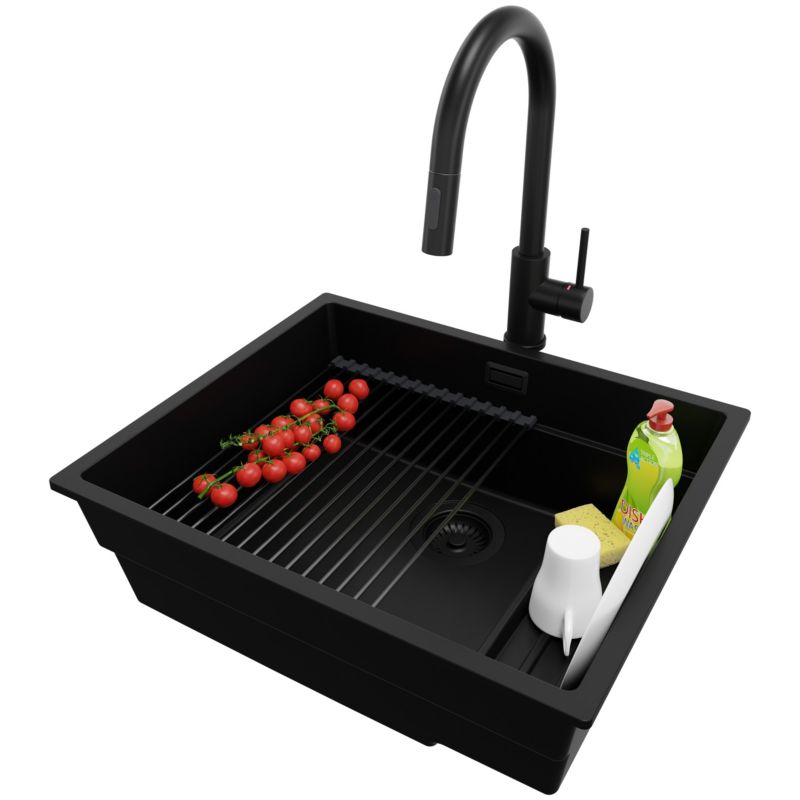 Zlewozmywak podblatowy Praga PRIMAGRAN 56x47cm do szafki od 60cm, Cały Czarny + Bateria + Syfon + Zwijany ociekacz, S369, 1 szt.