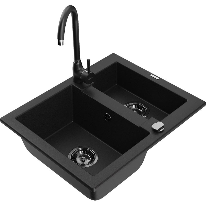 Zlewozmywak granitowy 1.5-komorowy Mexen Carlos z baterią kuchenną Telma czarny nakrapiany - 6518-76-670200-76 1 szt.
