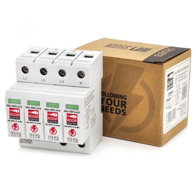 Ogranicznik przepięć KOOP Elektro 12.5kA B+C T1 T2 Ochronnik przeciwprzepięciowy AC 3-fazowy 4P na szynę DIN, 1 szt.
