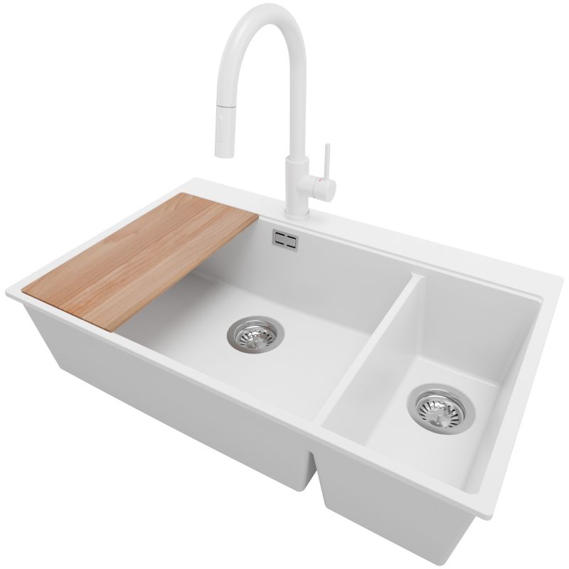 Zlewozmywak Granitowy Oslo Duo PRIMAGRAN Nablatowy 78x50cm do szafki od 80cm, Biały + Bateria + Syfon + Deska, S093, 1 szt.