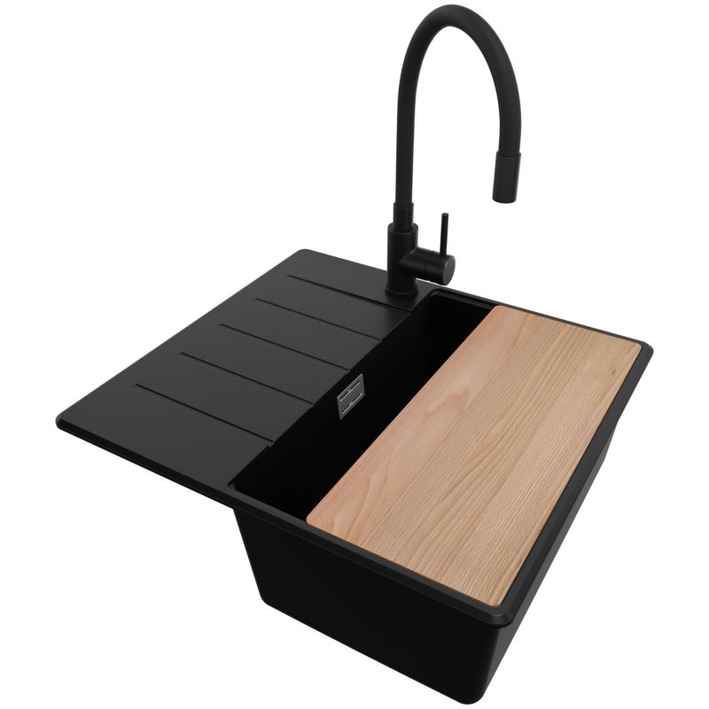 Zlewozmywak Granitowy Kopenhaga PRIMAGRAN Nablatowy 55x50cm do szafki od 40cm, Czarny + Bateria + Syfon + Deska, S083, 1 szt.