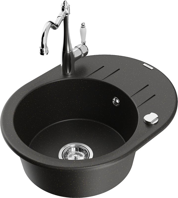 Zlewozmywak granitowy Mexen Kevin 1-komorowy z ociekaczem i baterią kuchenną Carla czarny/złoty 6517-75-670700-00