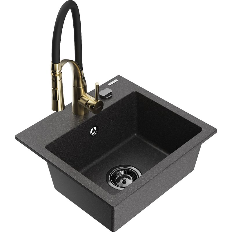 Zlewozmywak granitowy 1-komorowy Mexen Milo z baterią kuchenną Aster czarny nakrapiany 6505-76-73450-57-B