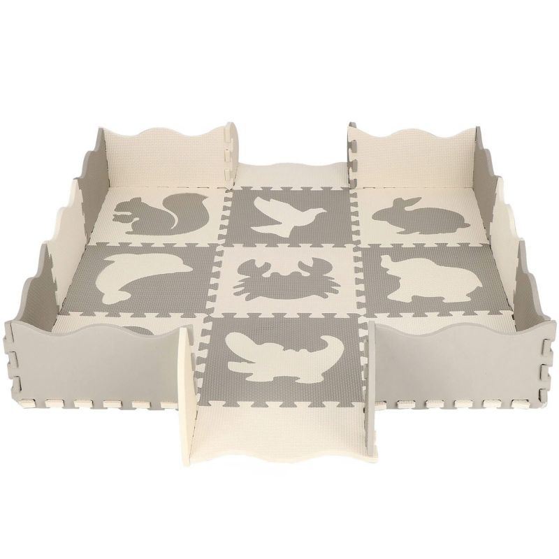 Mata piankowa Springos 120x120 cm zwierzaki puzzle dla dzieci szaro-beżowe pianka EVA 1 szt.