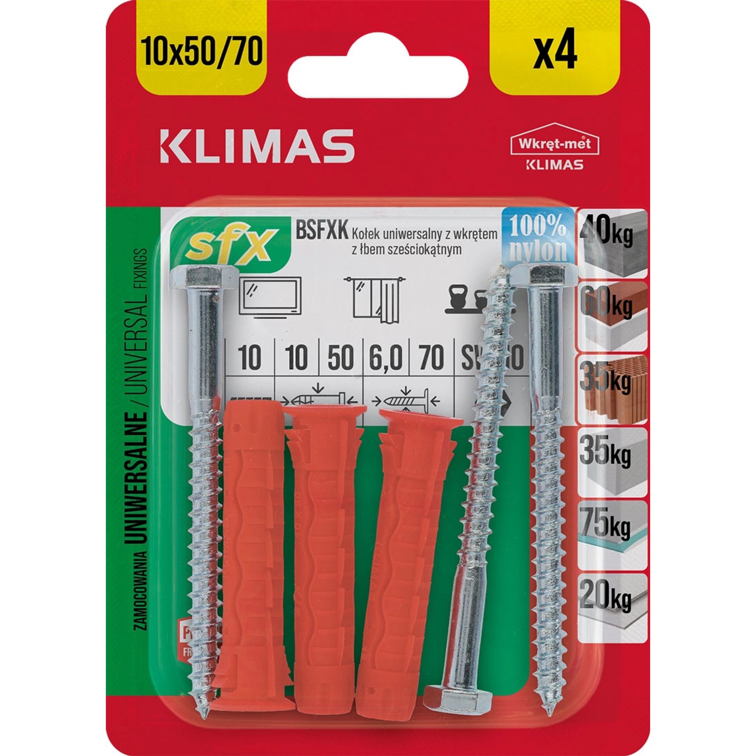 Wkręt-met Kołek SFX uniwersalny 10x50mm z łbem 6-kątnym 4szt