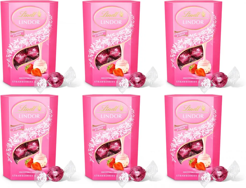 6x Praliny Lindt Lindor Truskawka ze śmietaną, czekoladowy z nadzieniem, 200g