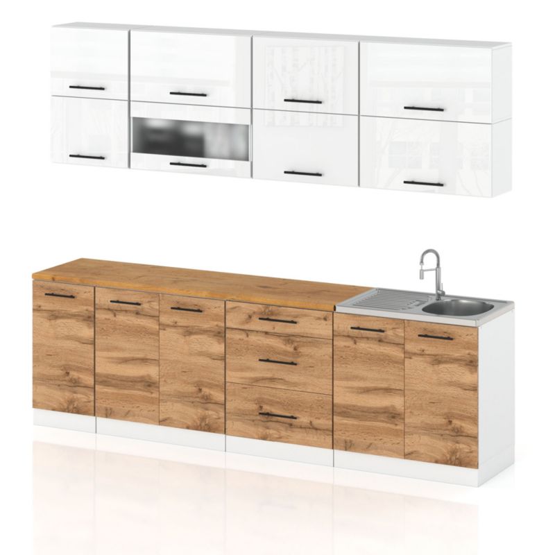 Zestaw Kuchenny Hurtownia-Mebli Z Blatem Kuchnia Robo Lux 260cm Biały Mat Biały Połysk/Dąb Wotan 260x52x157 cm 1szt.