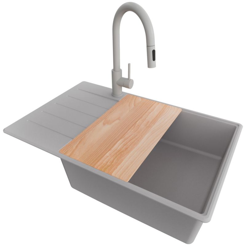 Zlewozmywak Granitowy Kopenhaga PRIMAGRAN Nablatowy 78x50cm do szafki od 60cm, Szary + Bateria + Syfon + Deska, S643, 1 szt.