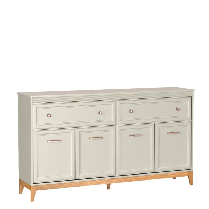 Komoda czterodrzwiowa Bettso Windsor z szufladami w klasycznym stylu na dębowych nogach kaszmir 1szt.
