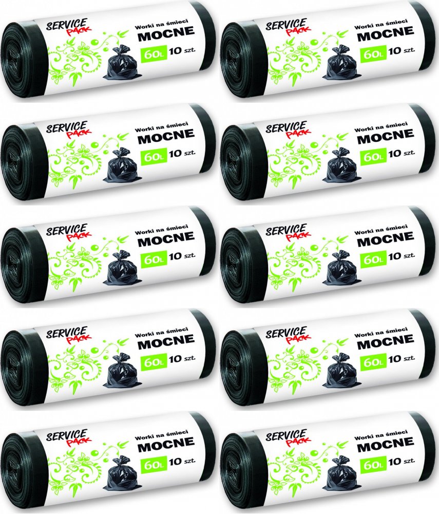 10x Worki na śmieci Service Pack, mocne, na odpady zmieszane, 60l, 10 sztuk, czarny