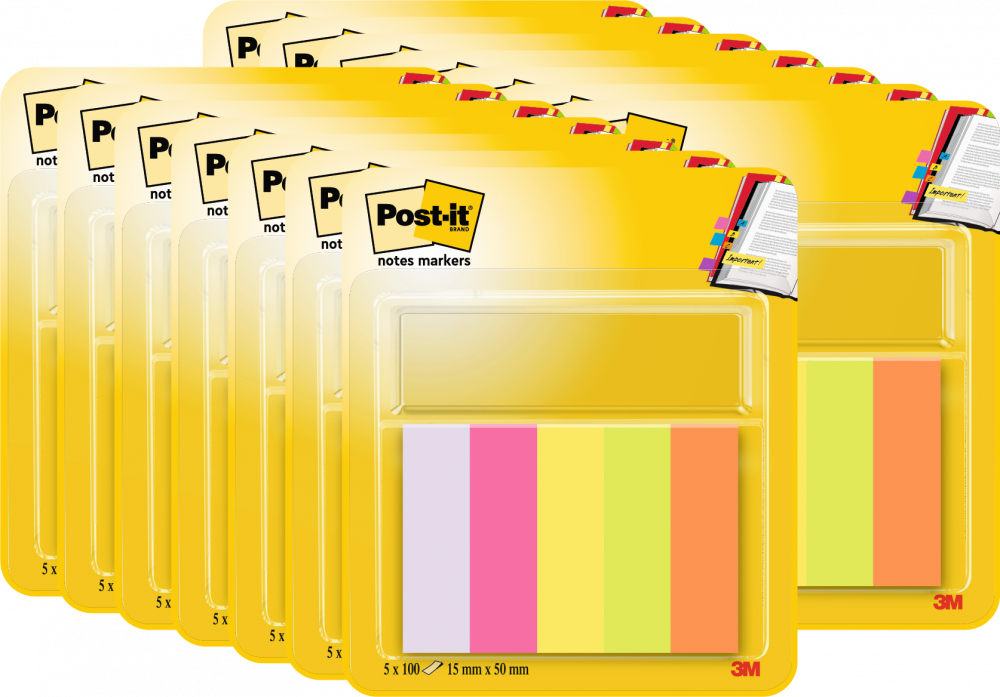 12x Zakładki samoprzylepne Post-it proste, indeksujące, papier, 15x50mm, 5x100 znaczników, mix kolorów neonowych