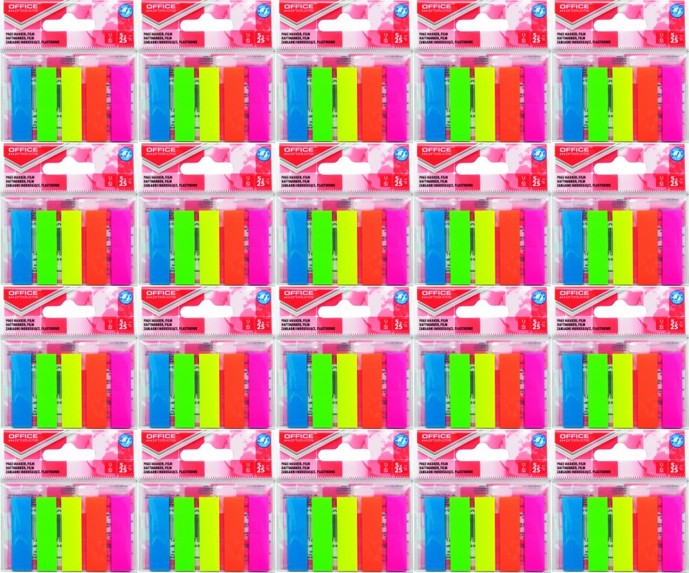 20x Zakładki samoprzylepne Office products, proste, indeksujące, folia PP, 12x45mm, 5x25 sztuk, mix kolorów