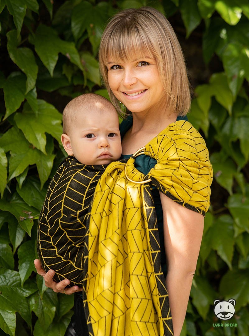 Chusta do noszenia dzieci BIG HERRINGBONE YELLOW RING - 100% Bawełna, chusta kółkowa, rozmiar: 2,1 m, splot żakardowy