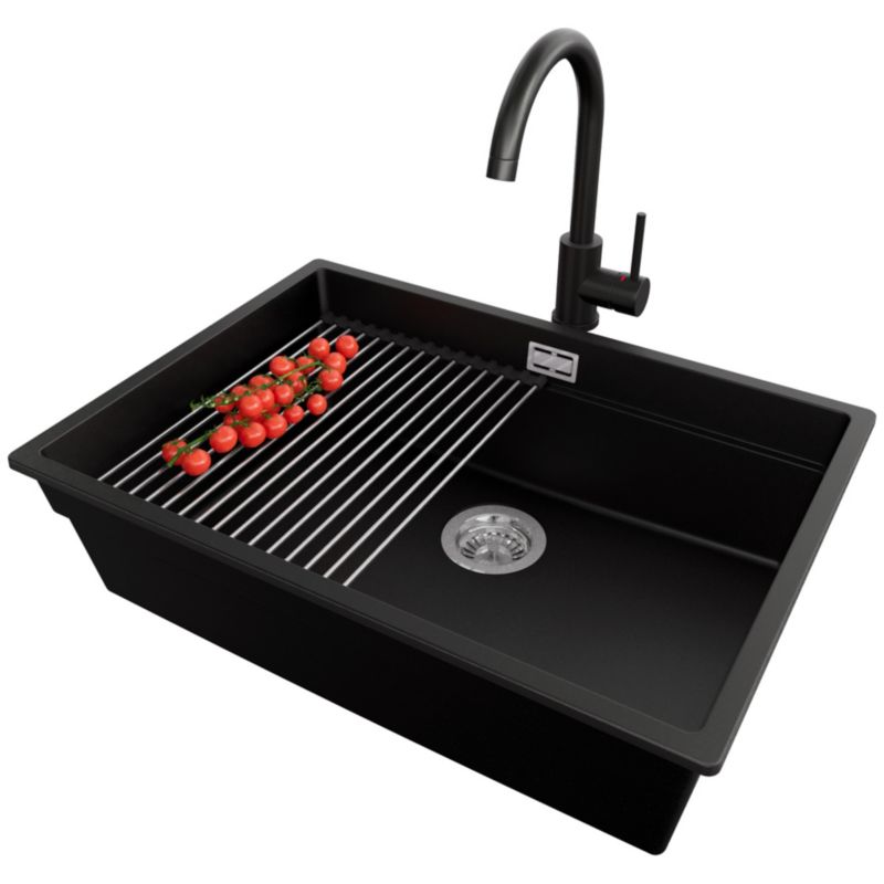 Zlewozmywak Granitowy Praga Slim PRIMAGRAN Nablatowy 66x47cm, Czarny + Bateria + Syfon + Akcesorium, S445, 1 szt.