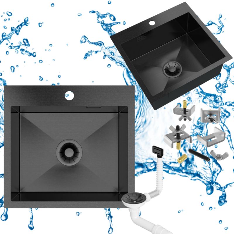 Zlewozmywak stalowy Jednokomorowy Granitan Silvo48 Kuchenny z syfonem Czarny LUX 1kpl.