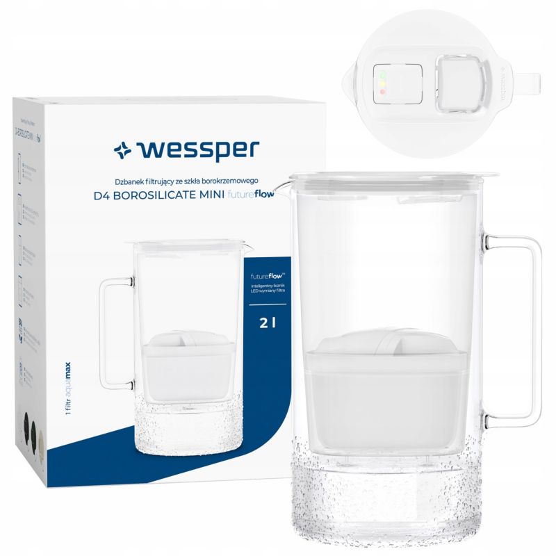 Dzbanek filtrujący wodę, Wessper D4 BOROSILICATE, szklany, z licznikiem LED, 2 l, BPA Free, zestaw z 1 filtrem wody Aquamax, biały