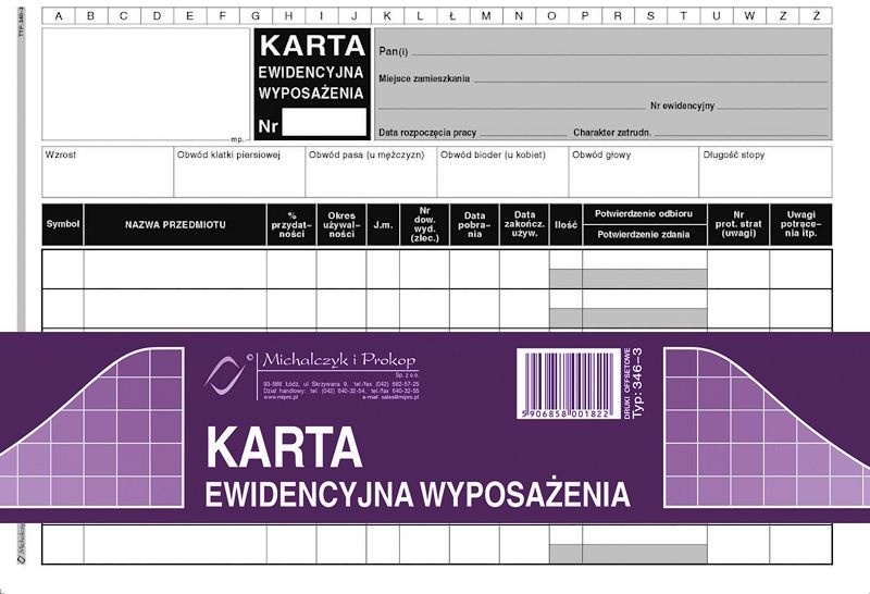 Druk akcydensowy Karta ewidencyjna wyposażenia MiP 346-3, A5, offsetowy, 50k