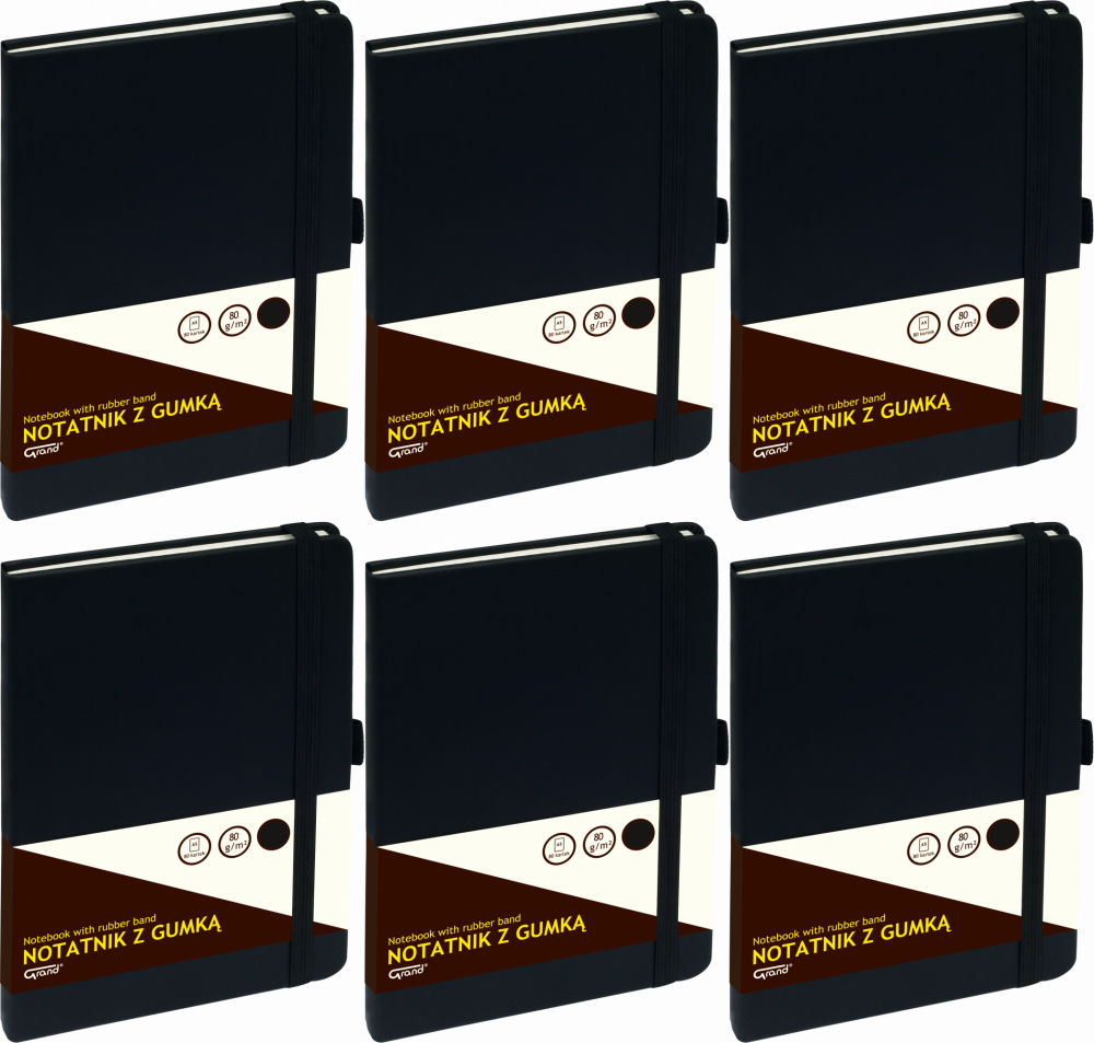 6x Notatnik w kratkę Grand, z gumką, A5, twarda oprawa, 80 kartek, czarny