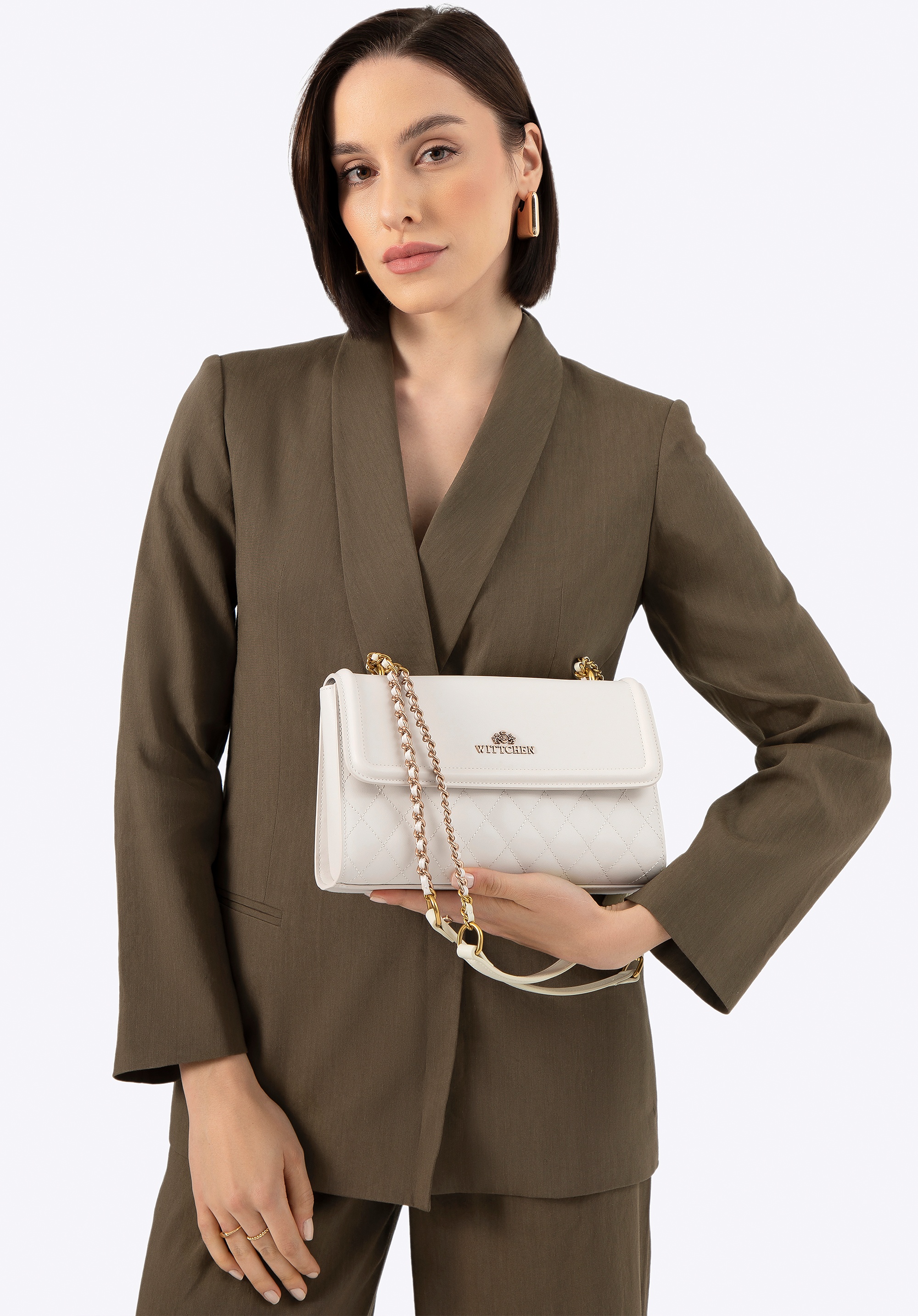 Damska listonoszka ze skóry naturalnej w pikowanie kremowo - złota