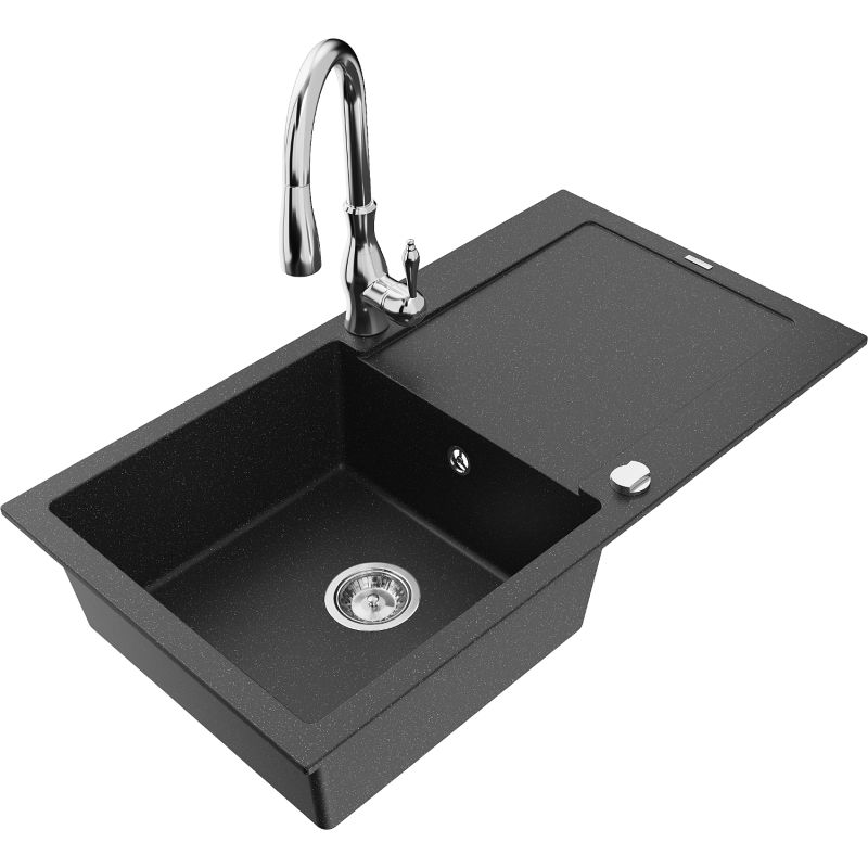 Zlewozmywak granitowy 1-komorowy Mexen Leo z ociekaczem i baterią Savita czarny/srebrny metalik - 6501-73-672601-70 1 szt.