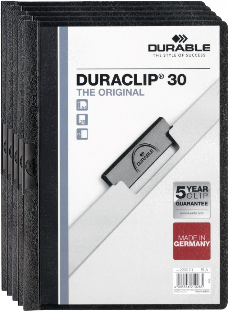 5x Skoroszyt zaciskowy Durable DuraClip, A4, plastikowy, do 30 kartek, czarny