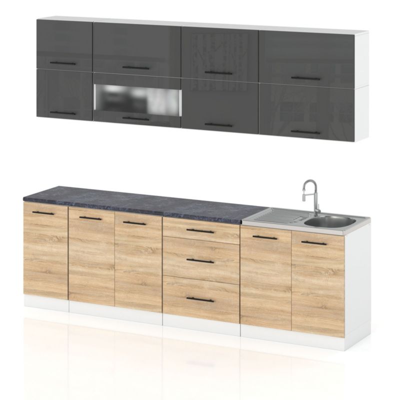 Zestaw Kuchenny Hurtownia-Mebli Z Blatem Kuchnia Robo Lux 260cm Biały Mat Szary Połysk/Dąb Sonoma 260x52x157 cm 1szt.