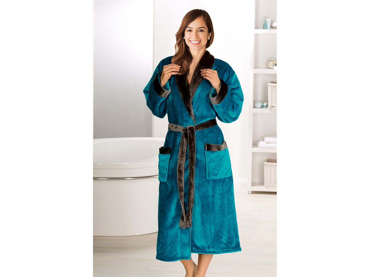 Gözze Płaszcz kąpielowy damski/męski, jedwabisty w dotyku, z szalowym kołnierzem, 2 kieszenie i pasek Petrol, L