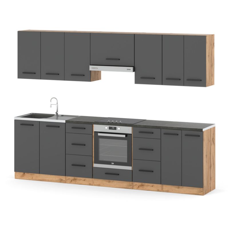 Zestaw Kuchenny Hurtownia-Mebli Z Blatem Kuchnia Roma 280cm Dąb Wotan Szary Mat 280x47x145 cm 1szt.