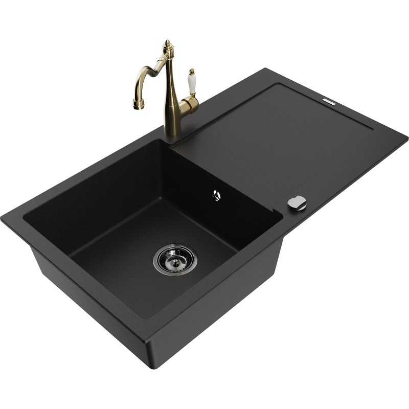 Zlewozmywak granitowy 1-komorowy Mexen Leo z ociekaczem i baterią kuchenną Carla czarny 6501-77-670700-50-B