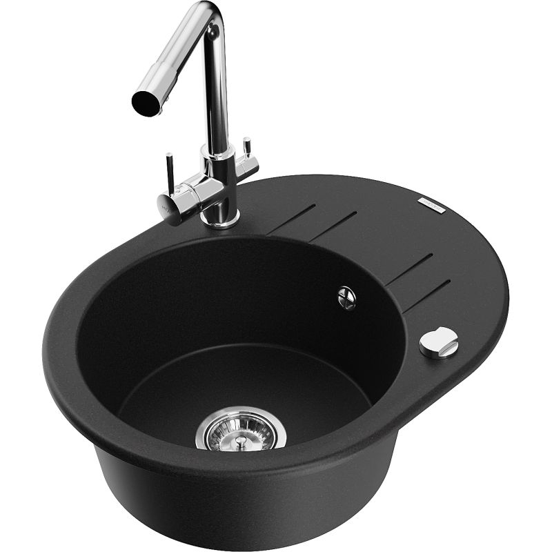 Zlewozmywak granitowy 1-komorowy Mexen Kevin z ociekaczem i baterią kuchenną Duero czarny - 6517-77-671600-50 1 szt.