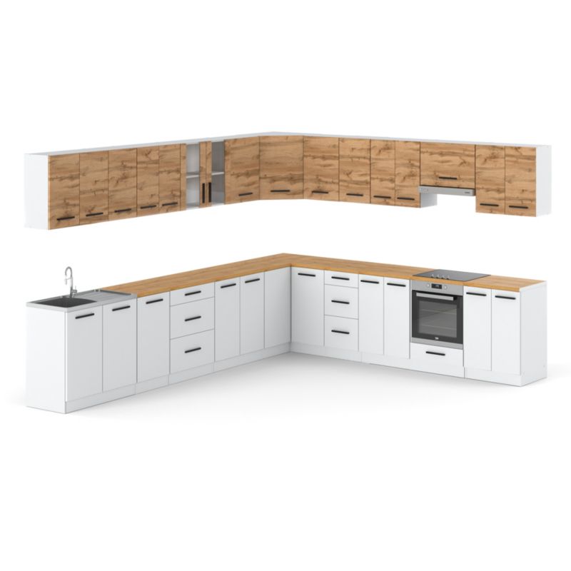 Zestaw Kuchenny Hurtownia-Mebli Z Blatem Kuchnia narożna Rossa 680cm Biały Mat Dąb Wotan/Biały Mat 680x47x145 cm 1szt.