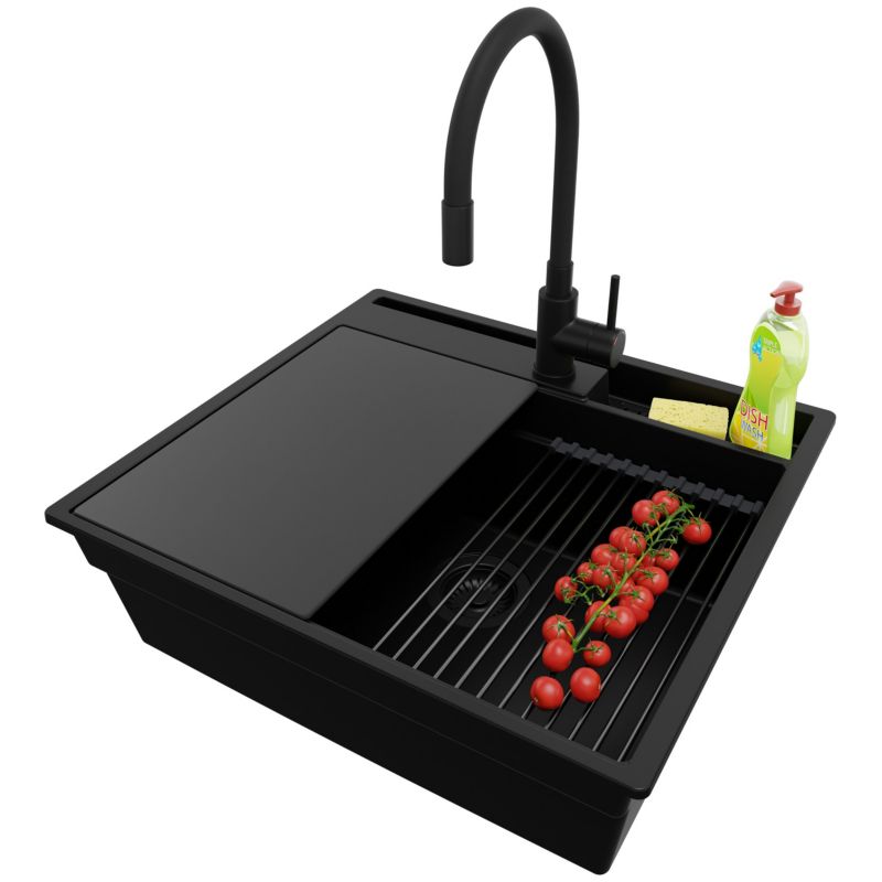 Zlewozmywak Granitowy Oslo Pocket PRIMAGRAN Nablatowy 58x53cm, Cały Czarny + Bateria + Syfon + Akcesorium, S300, 1 szt.