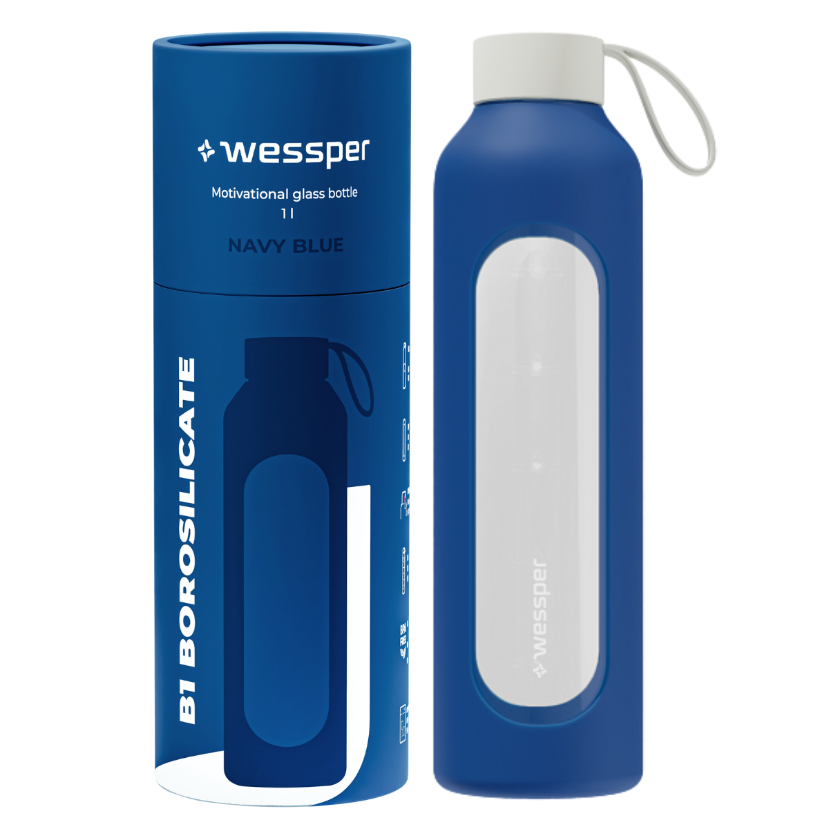 Szklana butelka Wessper w silikonowym granatowym (Navy Blue) etui 1000 ml.