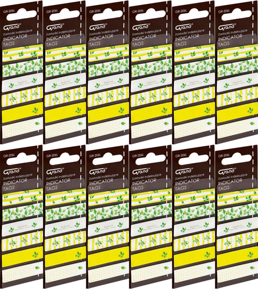 12x Zakładki samoprzylepne Grand GR-206L, proste (z nadrukiem liści), indeksujące, folia, 45x12mm, 6x20 sztuk, mix kolorów