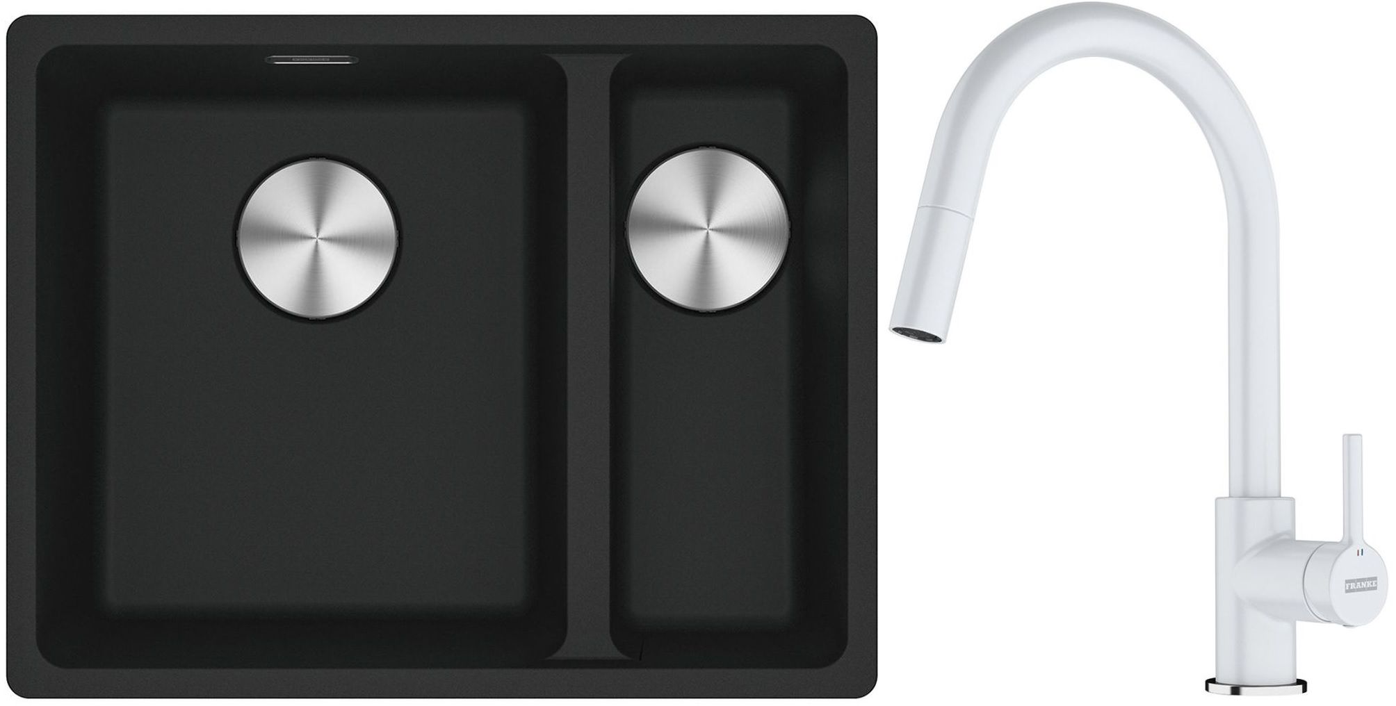 Franke Maris MRG 160-34-15SBR zlewozmywak 52x40 cm Fragranite czarny mat z baterią kuchenną Lina biały polarny (1250687264, 1150626081)