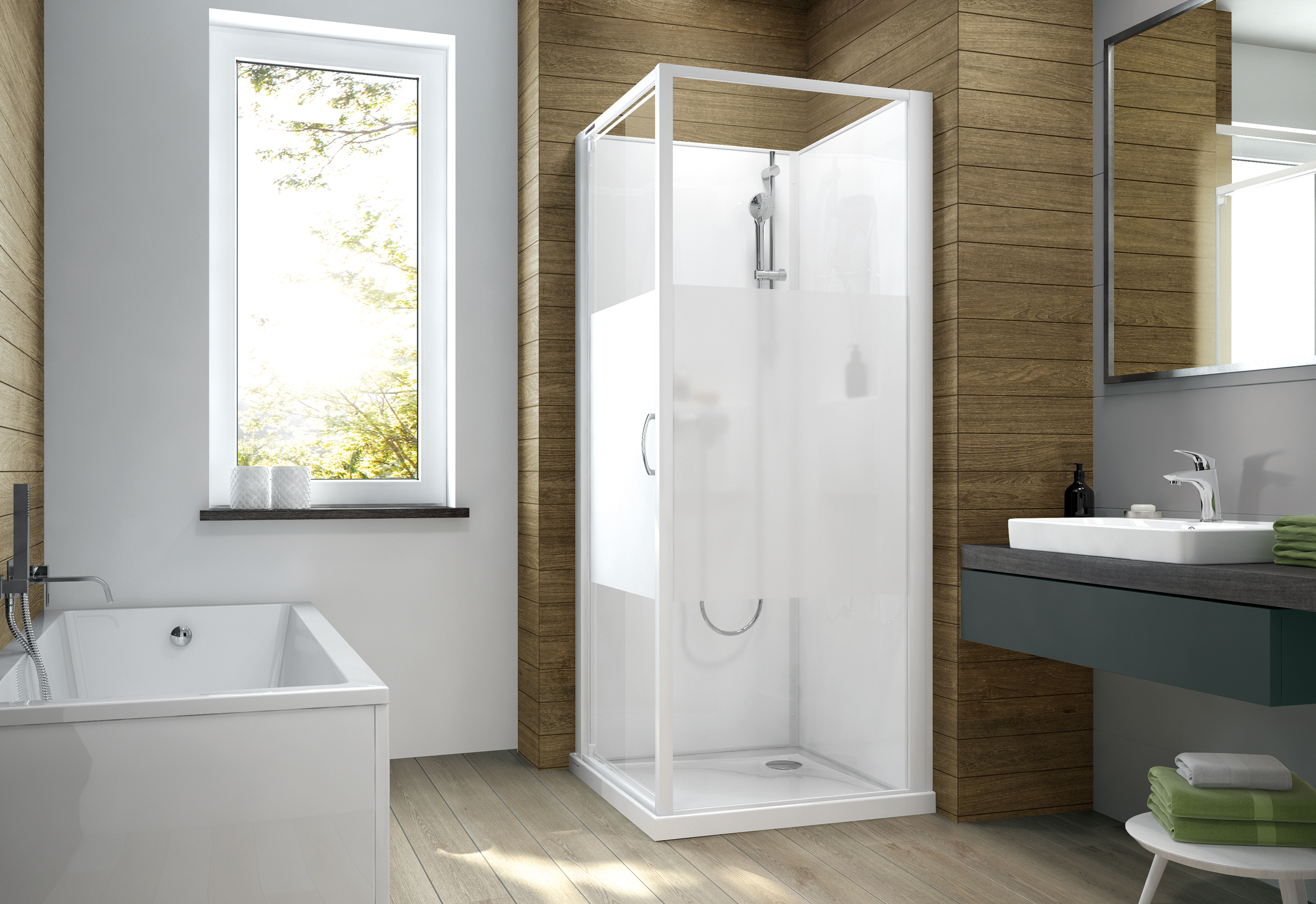 Sanplast Basic Complete Mineral kabina z brodzikiem i zestawem prysznicowym 90x90 cm kwadratowa biały połysk/szkło ze wzorem ...