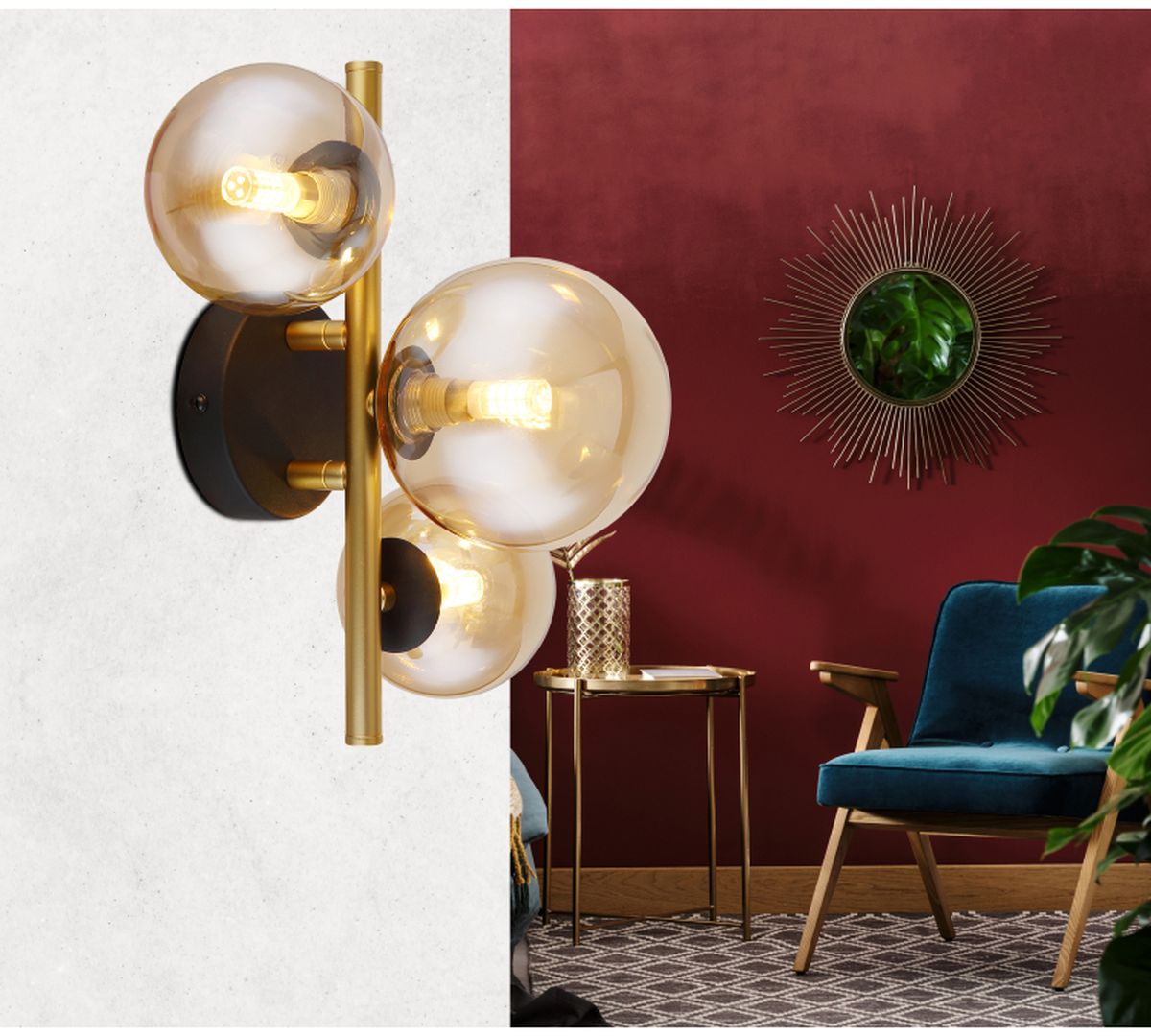 Globo Lighting Riha kinkiet 3x3,5W czarny mat/złoty mat/szkło bursztynowe 56135-3W