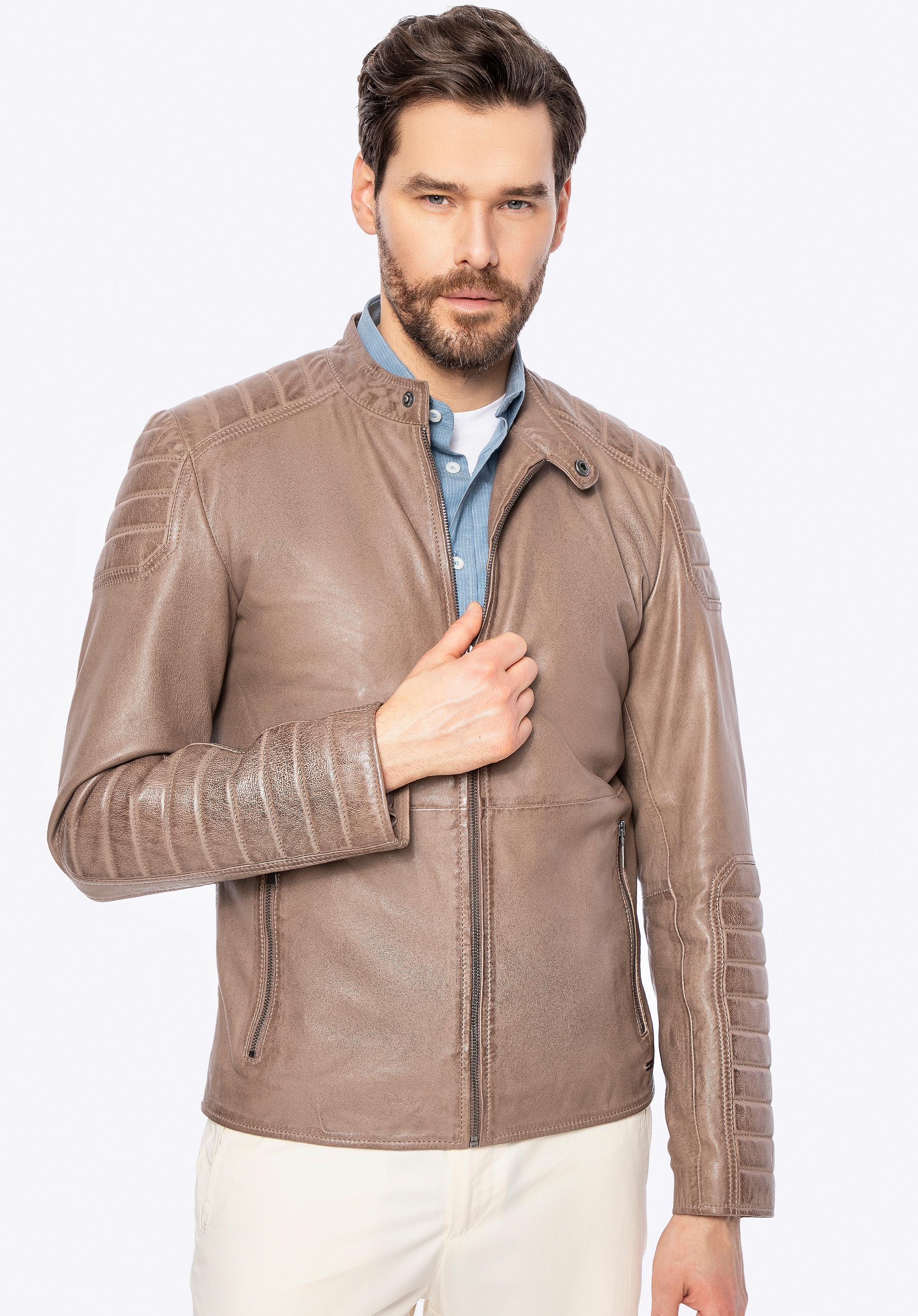 Męska kurtka ze skóry owczej z przeszyciami beżowa