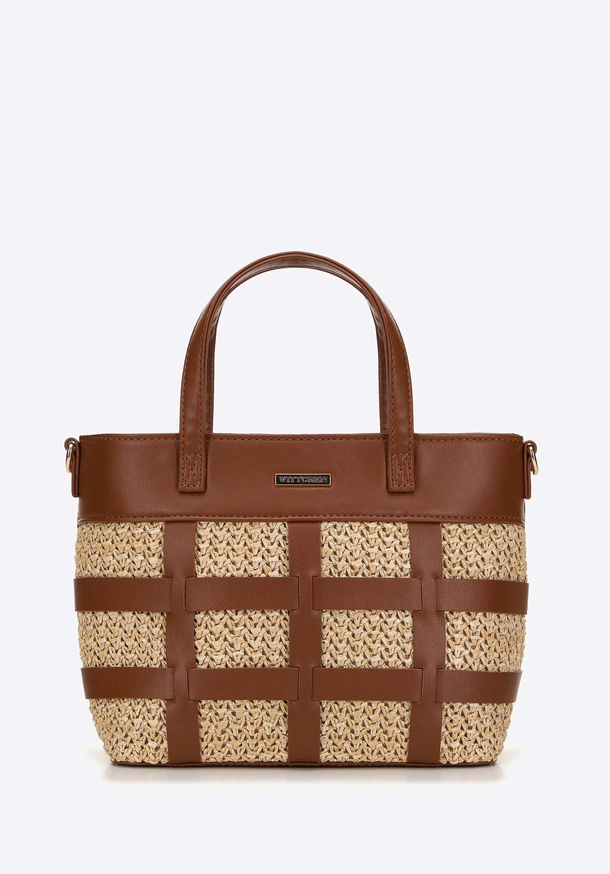 Minikuferek z ekoskóry ze wstawką z plecionki beżowo-brązowy