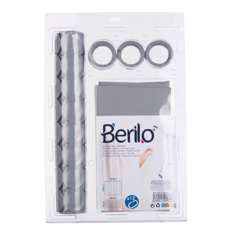 Zestaw Zasłona Prysznicowa Mata Berilo Szary 180X180 Cm/ 68X63 Cm Kpl.