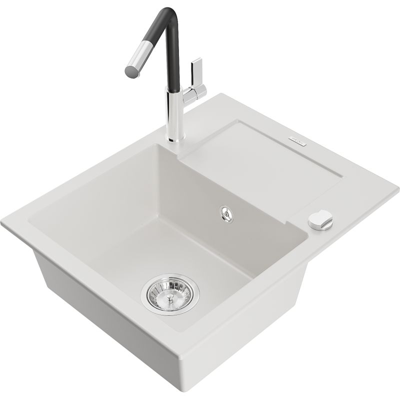 Zlewozmywak granitowy 1-komorowy Mexen Enzo z ociekaczem i baterią kuchenną Flora biały 6506-20-670401-07